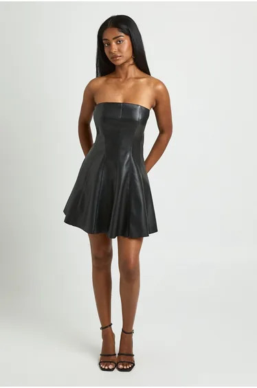 Leather Look Bandeau Mini Dress - black