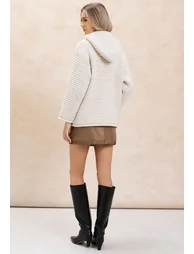 Rolled Edge Drawstring Hooded Chunky Knit Sweater in Ivory - 4