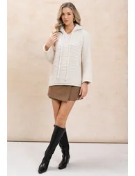 Rolled Edge Drawstring Hooded Chunky Knit Sweater in Ivory - 2