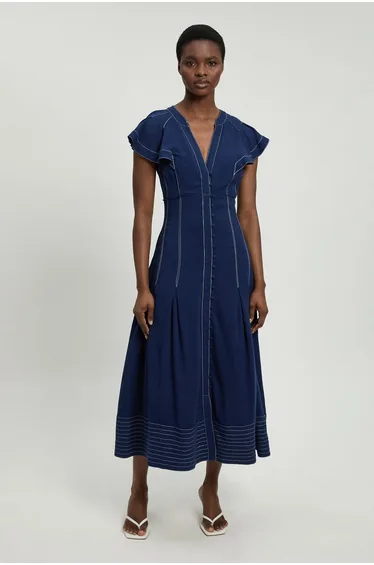 Contrast Topstitch Seam Detail Midi Dress