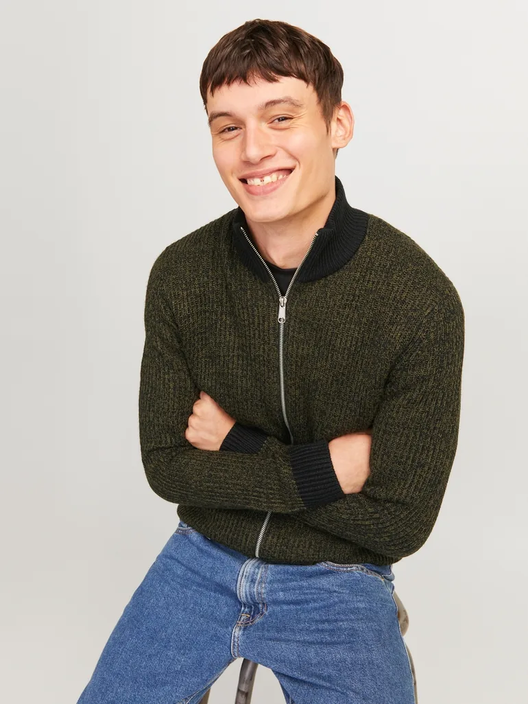 High Neck Full Zip Knitted Cardigan - 1