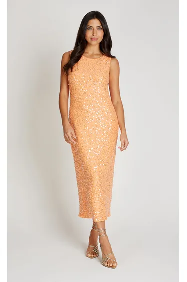 Orange Sequin Waffle Midaxi Dress