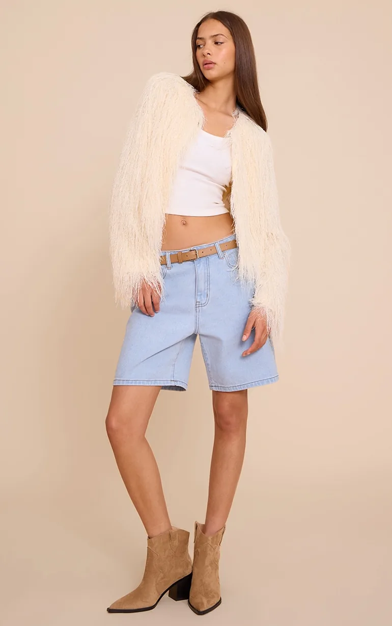 Cream Collarless Fringe Jacket - 2