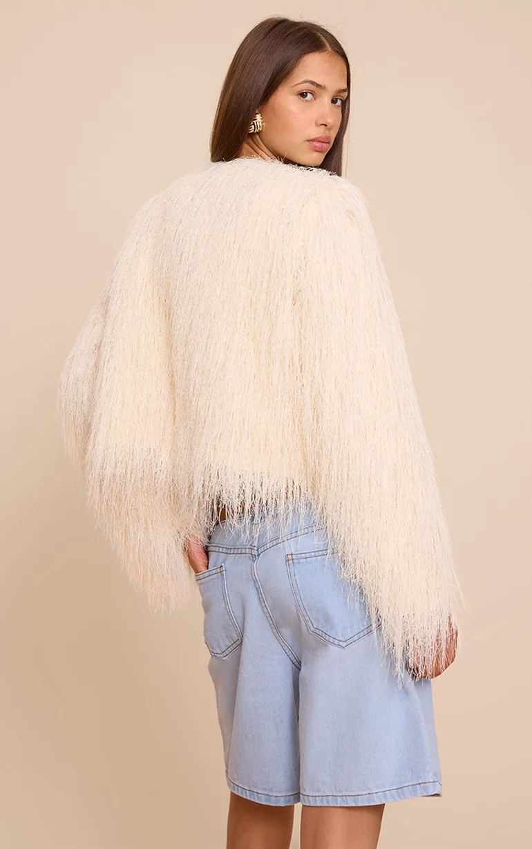 Cream Collarless Fringe Jacket - 1