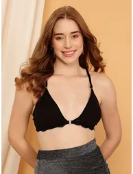 Black Lace Details Non-Padded Non-Wired Front Open Plunge Bra