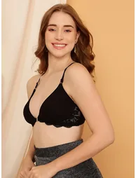 Black Lace Details Non-Padded Non-Wired Front Open Plunge Bra - 1