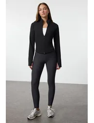 Black Brushed Soft Reflective Print and Thumb Hole Detailed Knitted Sports Jacket