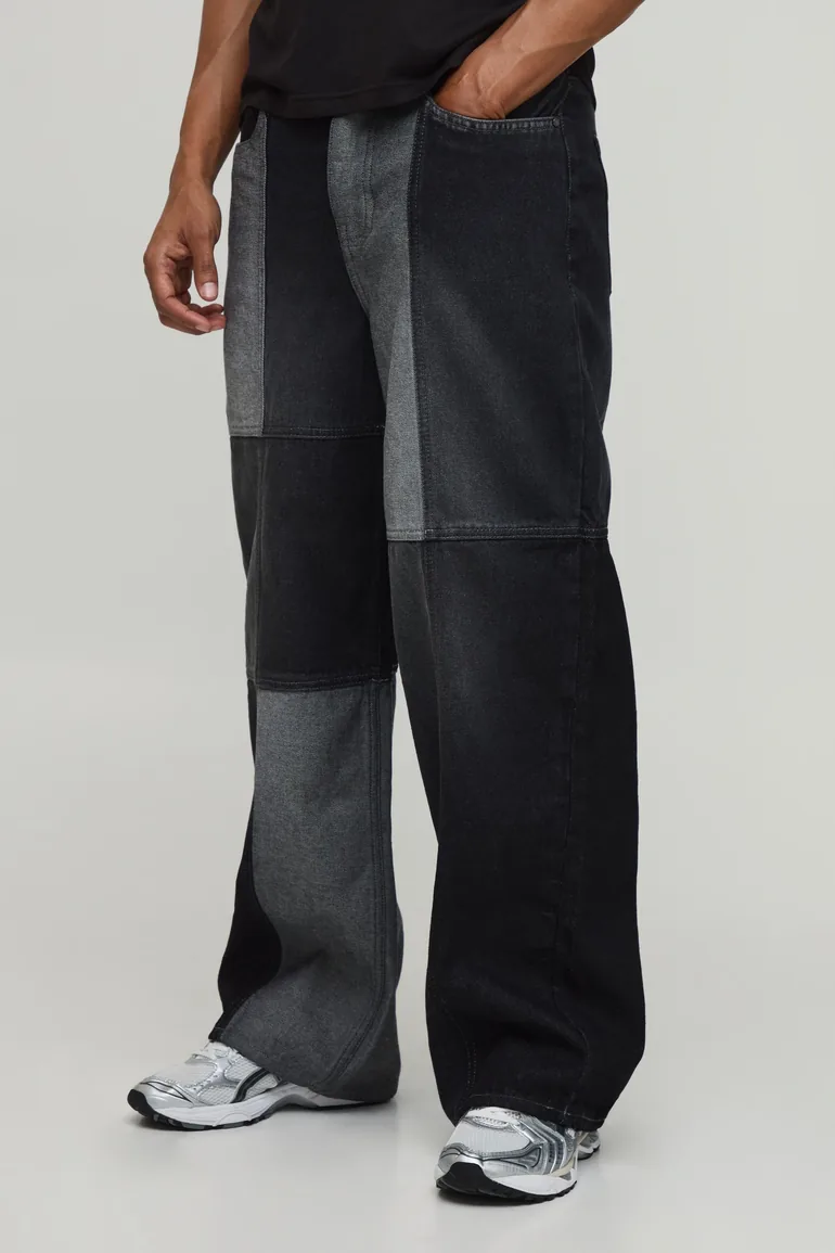 Multi Patchwork Baggy Fit Jeans - washed black