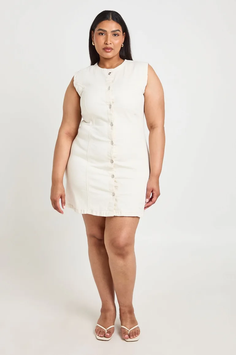 Plus Seam Detail Button Down Mini Dress - ecru