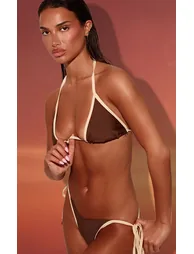 Chocolate Contrast Disc Trim Ruched Bum Thong Bikini Bottoms - 1