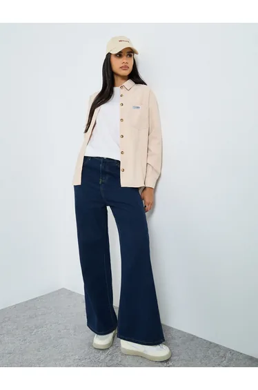 Beige Oversized Shirt with Badge Detail