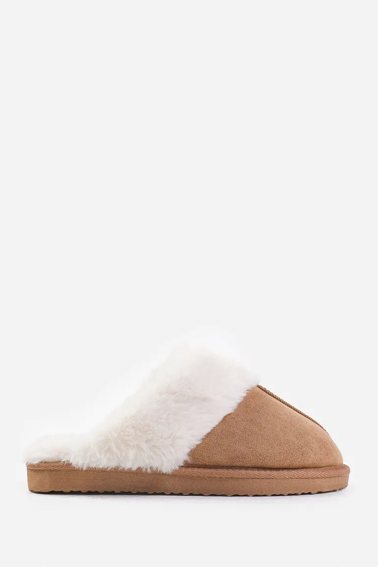 LOUNGE SLIP ON SLIPPERS WITH FUR TRIM IN CAMEL SUEDE - 1