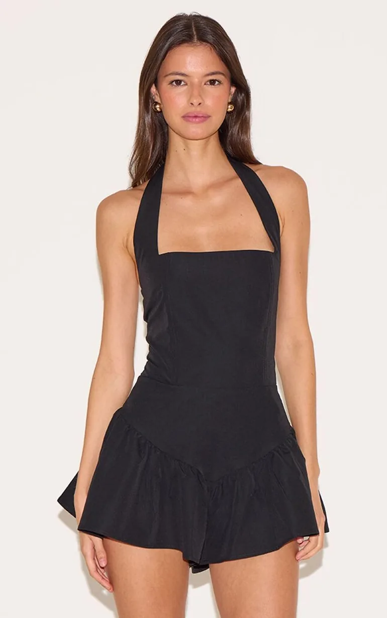 Black Halter Neck Drop Waist Floaty Playsuit - 5