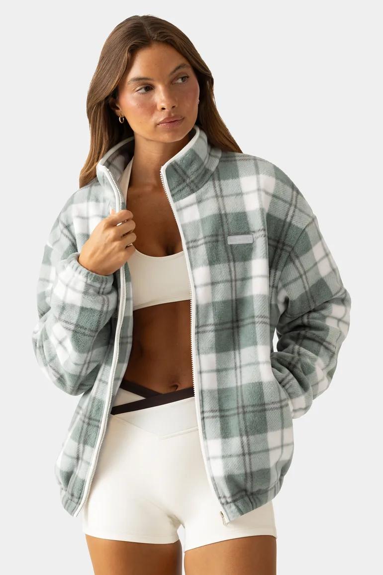 Oversized Zip-Up Fleece in Matcha Plaid - 2