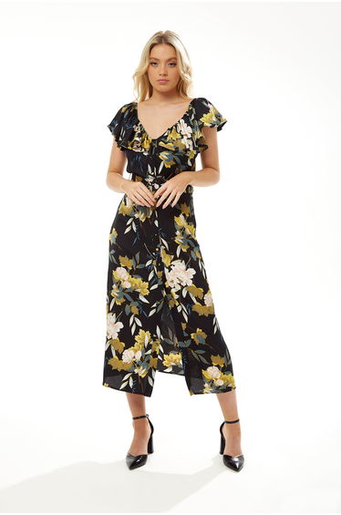 Women's Midi Dress with Off Shoulder Sleeves in Navy Floral Print.