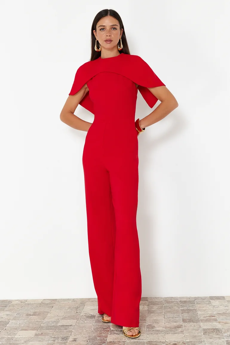 Stylish Jumpsuit with Red Cape Detail - 1
