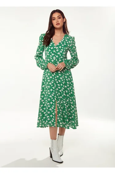 Women's Midaxi Dress with Long Sleeves in Green