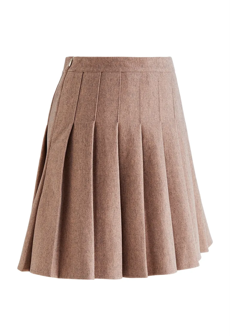 High Waist Wool-Blend Pleated Skater Skirt in Camel - 6