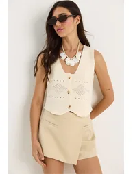LUCCI Textured V-Neck Button Closure Crop Sweater Vest - 1