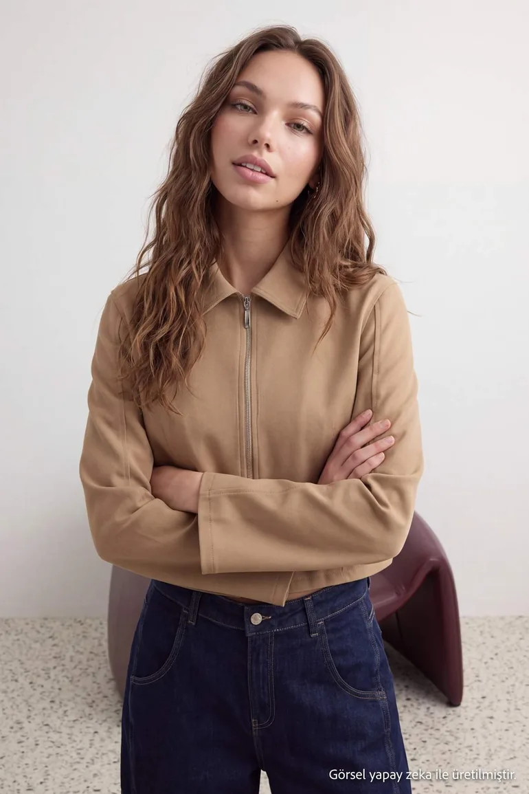 Beige Zippered Fitted Gabardine Jacket - 2