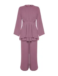 Lilac Pleated Aerobin Tunic Trousers Woven Bottom Top Set - 5