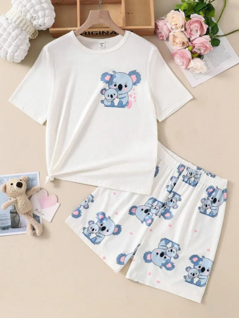 White Koala Print T-Shirt and Shorts Set