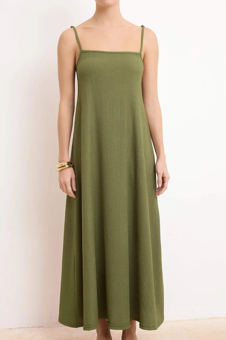 Khaki Adjustable Strap A-Line Wrinkle/Textured Knitted Maxi Dress - 2