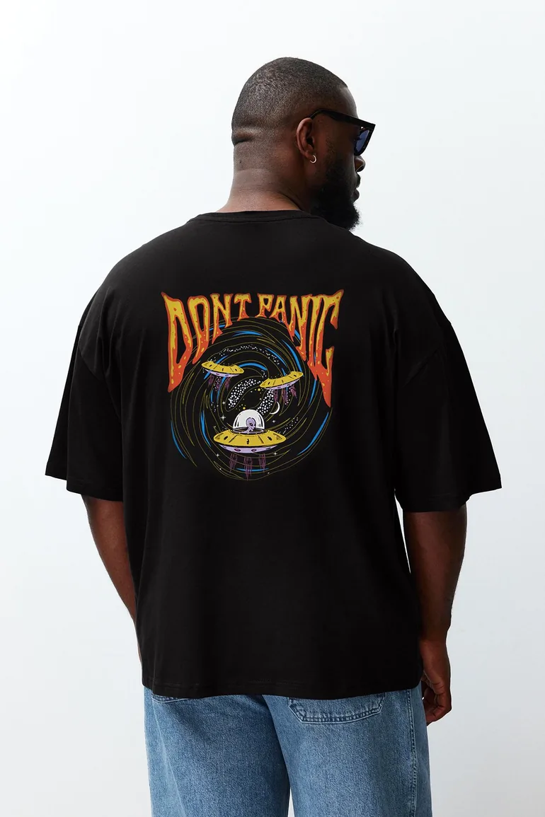 Plus Size Black Oversize/Wide Cut Space Print 100% Cotton T-Shirt - 1