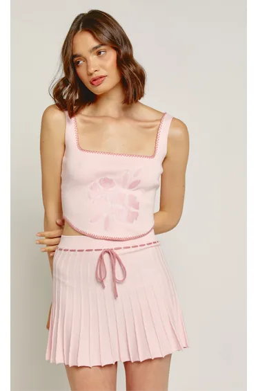 Pink Knit Corset Style Top with Floral Embroidery