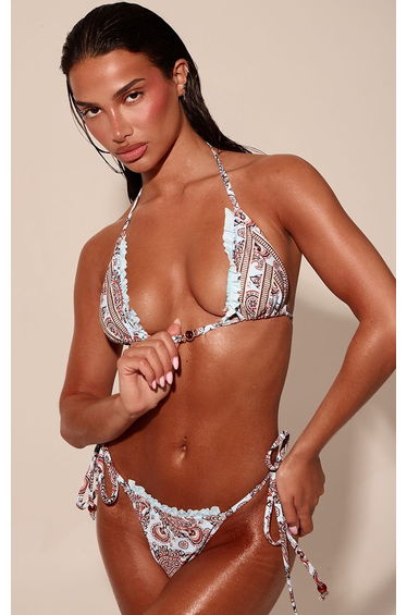 Blue Paisley Print Frill Hem Triangle Bikini Top