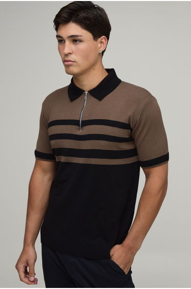 Regular Fit 1/4 Zip Striped Knitted Polo - taupe