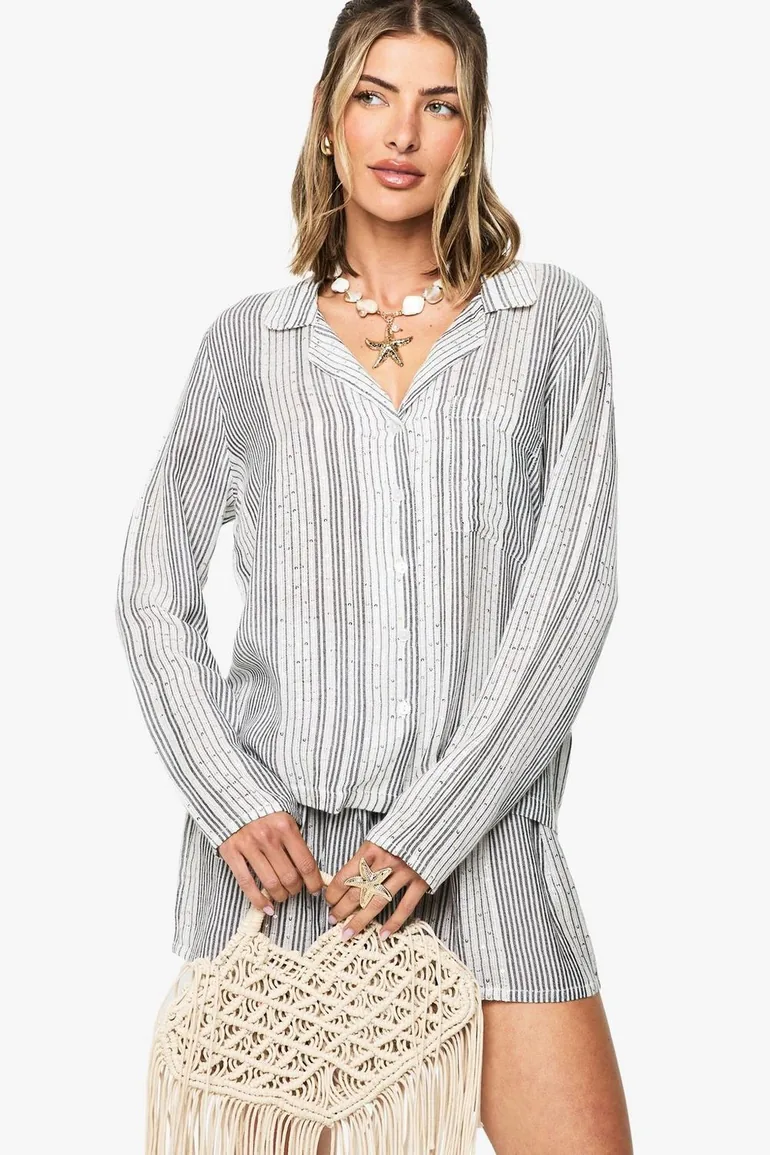 Sequin Stripe Cotton Beach Shirt