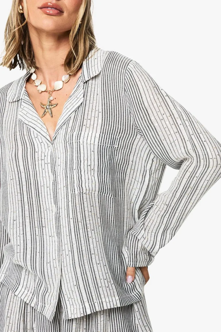 Sequin Stripe Cotton Beach Shirt - 3