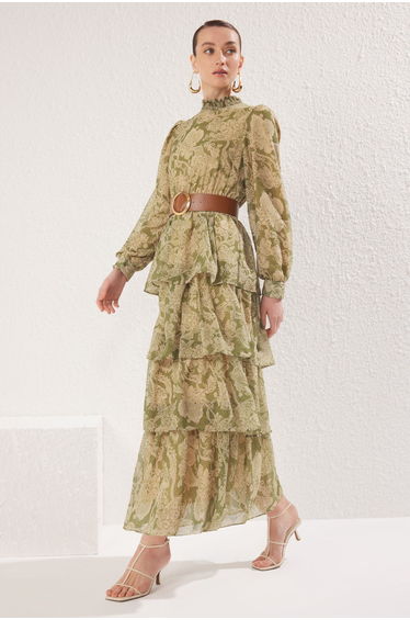 Green Stand Collar Patterned Belted Lined Chiffon Woven Dress