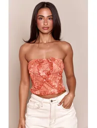 Petite Orange Ombre Frill Mesh Bandeau Tie Detail Top