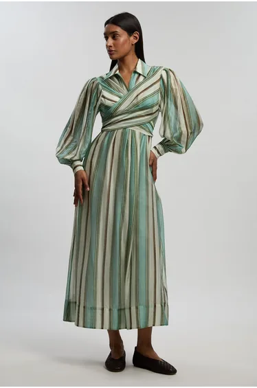 Stripe Slub Organdie Drama Sleeve Woven Wrap Detail Shirt Dress