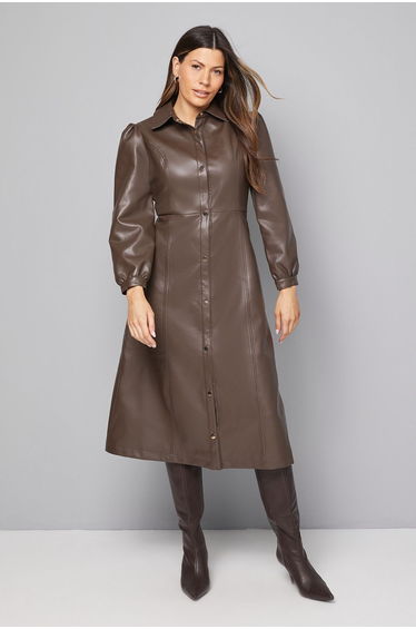 Faux Leather Belted Midi Dress