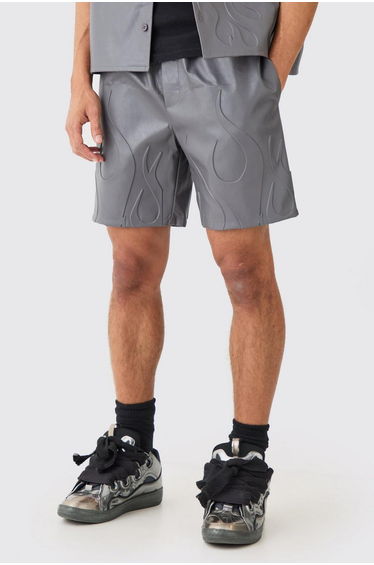 Elastic Waist Relaxed Flame Embossed Pu Short - charcoal