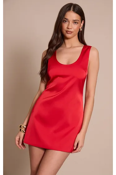 Red Satin Scoop Neck Mini Shift Dress