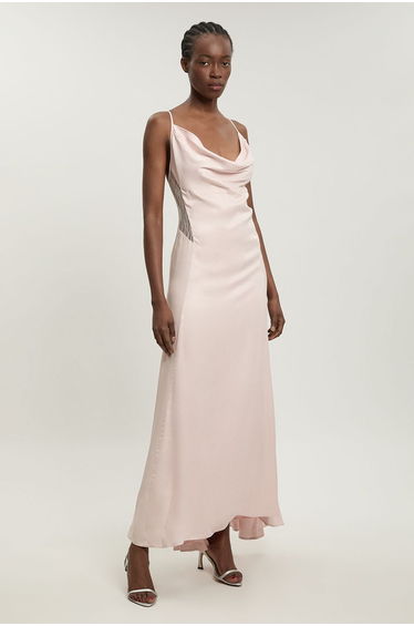 Lace Insert Satin Viscose Bias Cut Maxi Dress