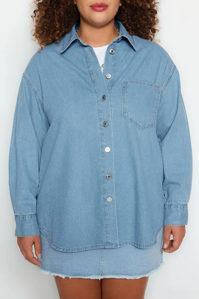 Light Blue Basic Comfort Plus Size Denim Shirt - 2