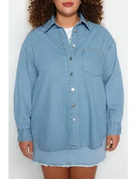 Light Blue Basic Comfort Plus Size Denim Shirt - 2