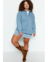 Light Blue Basic Comfort Plus Size Denim Shirt - 1