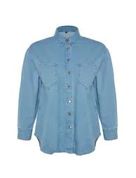 Light Blue Basic Comfort Plus Size Denim Shirt - 5