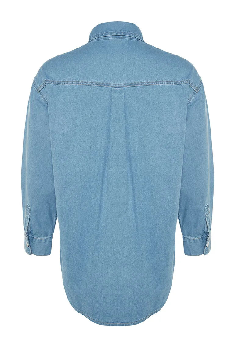 Light Blue Basic Comfort Plus Size Denim Shirt - 6