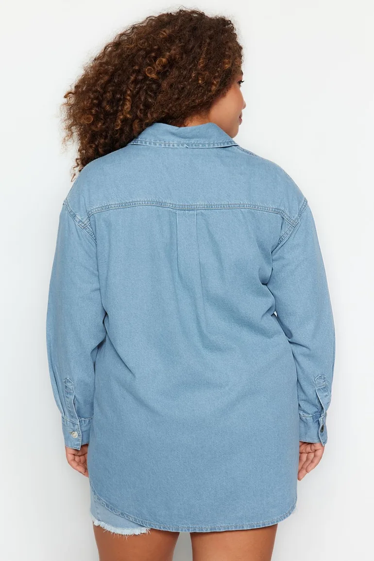 Light Blue Basic Comfort Plus Size Denim Shirt - 3