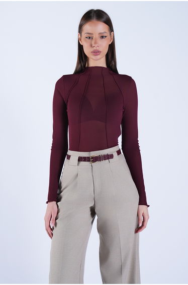 Women's Burgundy High Collar Ribbed Stitched Transparent Blouse