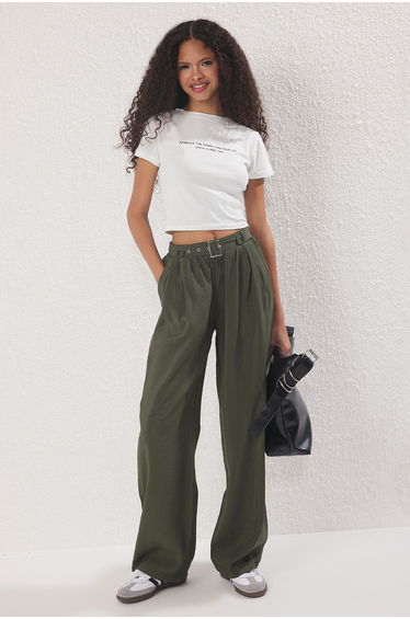 Khaki Modal Soft Touch Belted Wide Leg Trousers