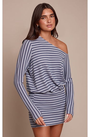 Navy Striped Asymmetric Long Sleeve Bodycon Dress