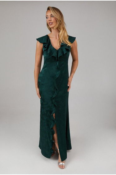 Satin Jacquard Ruffle V Neck Bridesmaids Dress